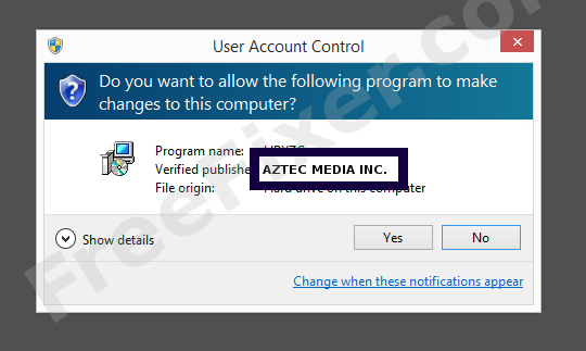 Screenshot where AZTEC MEDIA INC. appears as the verified publisher in the UAC dialog